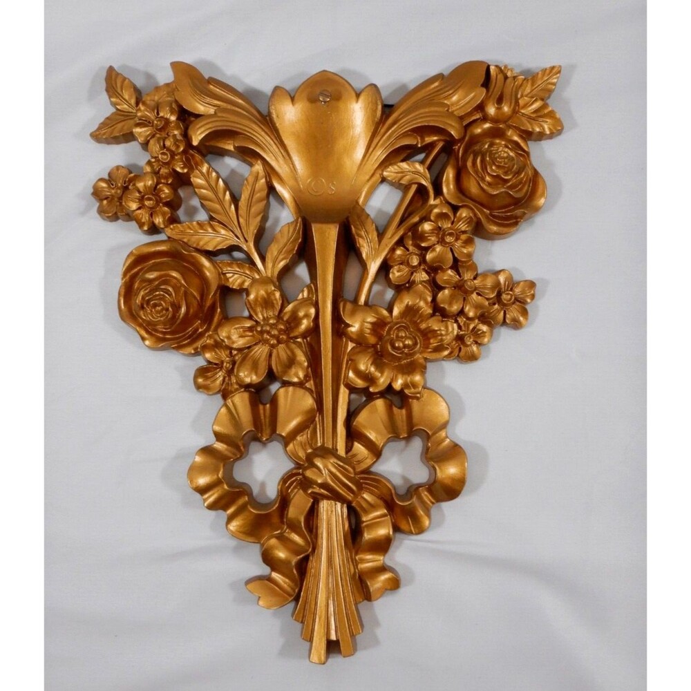 Syracuse Rose Flower Floral Wall Hanger Gold Tone VTG MCM 12.75" tall